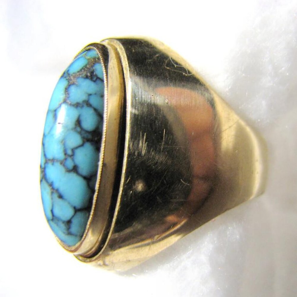 Vintage 14k Yellow SOLID Gold and Persian Turquoise Ring -- Size 7, Heavy 9.1g - Picture 3 of 7